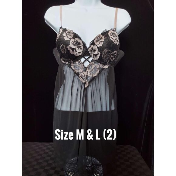 NWT Jessica Simpson Black & Cream Babydoll Lingerie, Size L - Picture 1 of 6